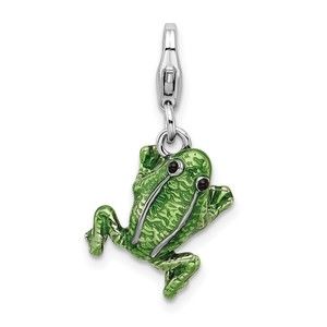 925 Sterling Silver Polished 3-D Enameled Frog Bracelet Charm Lobster Clasp